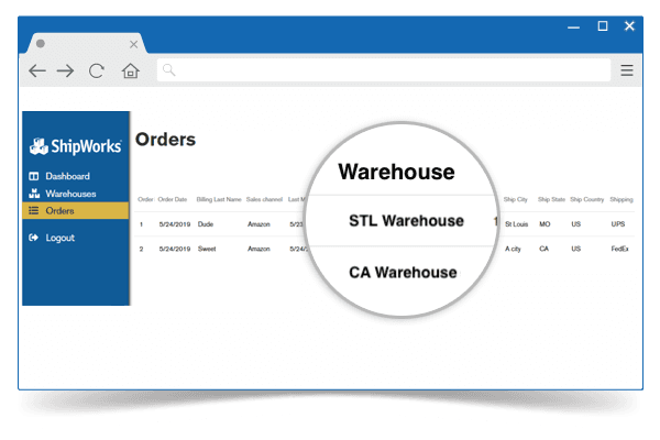 Screenshot of ShipWorks interface displaying the Orders page, with magnifying glass lens highlighting Warehouse features