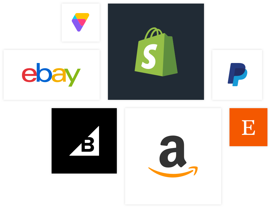 Multiple logos, including Ebay, Shopify, PayPal, Etsy, BigCommerce and Amazon