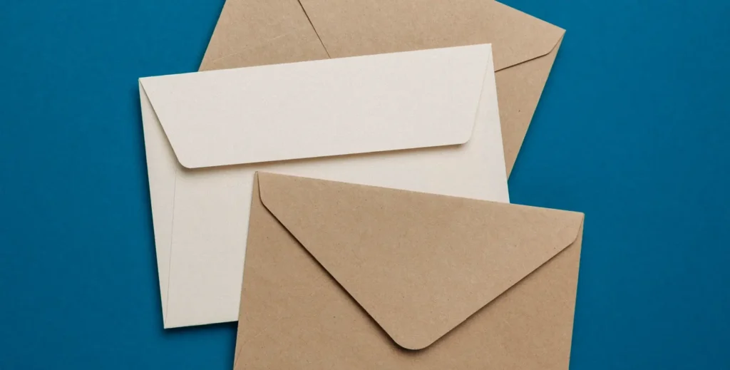 Decorative image showing 3 letter envelopes on a blue background.